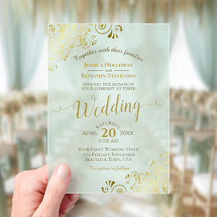 エレガント金ゴールド書道ミントグリ結婚ーン アクリル招待状