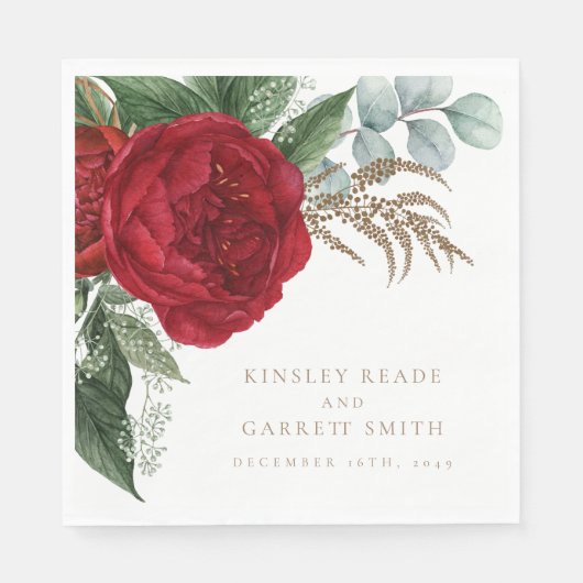 エレガント金ゴールド書道レッドフローラ結婚ズ スタンダードランチョンナプキン (正面)