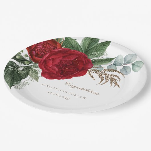 エレガント金ゴールド書道レッドフローラ結婚ズ ペーパープレート (アングル)