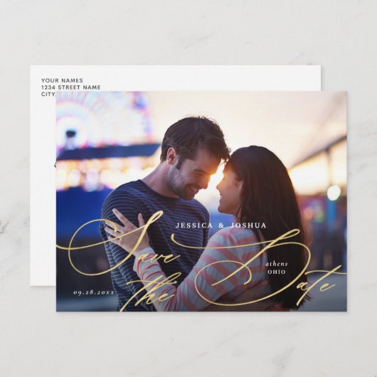 エレガント金ゴールド書道写真の保存日付 ポストカード (正面/裏面)