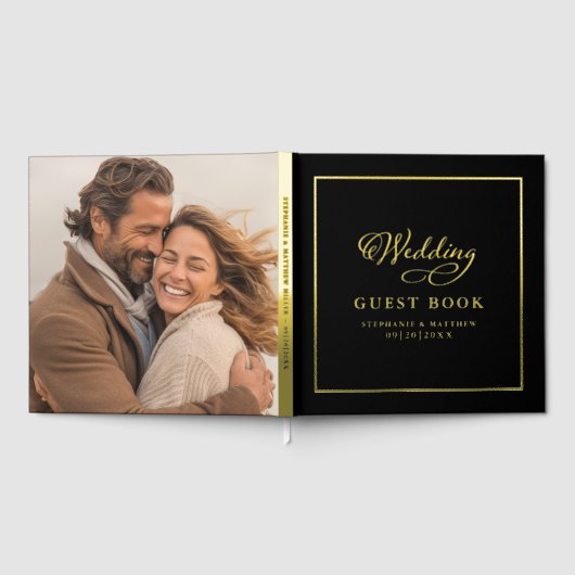 エレガント金ゴールド書道結婚写真シック・ブラック ゲストブック (全面)