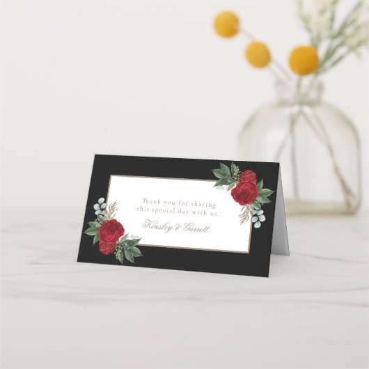 エレガント金ゴールド書道赤フローラ プレイスカード (裏面)