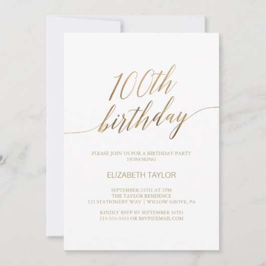 エレガント金ゴールド書道100誕生日 招待状 (正面)