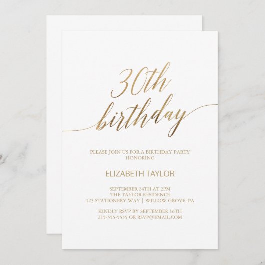 エレガント金ゴールド書道30歳の誕生日 招待状 (正面/裏面)