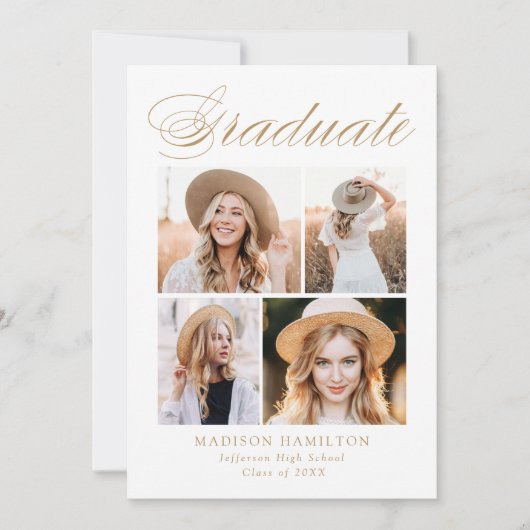 エレガント金ゴールド書道4写真卒業 案内状 (正面)