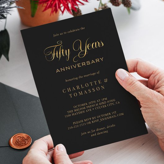 エレガント金ゴールド書道50周年結婚期 招待状