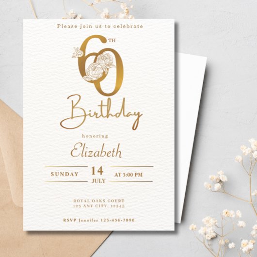 エレガント金ゴールド書道60番目の誕生日フローラ 招待状
