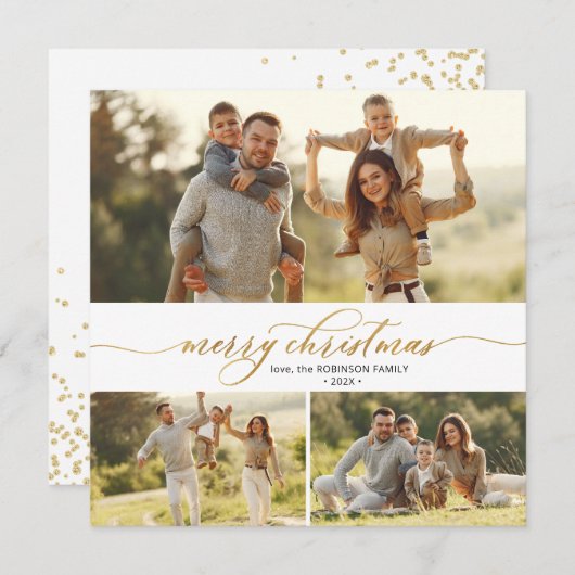エレガント金ゴールド書3数々の写真クリスマス シーズンカード (正面/裏面)