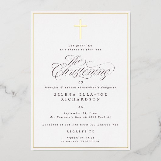 エレガント金ゴールド枠とクロス書跡《キリスト教》洗礼式や命名式 箔招待状 (正面)