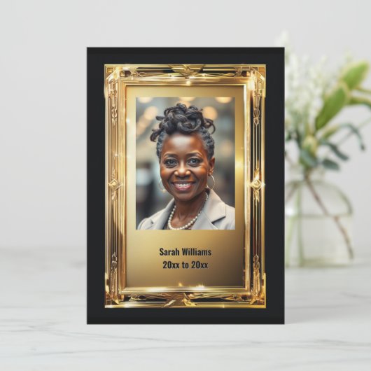 エレガント金ゴールド枠の退職写真別パーティー 招待状 (スタンド正面)