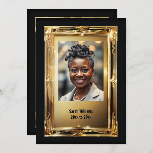 エレガント金ゴールド枠の退職写真別パーティー 招待状 (正面/裏面)