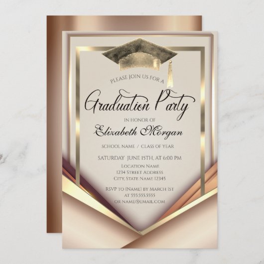 エレガント金ゴールド枠キャップ卒業 招待状 (正面/裏面)