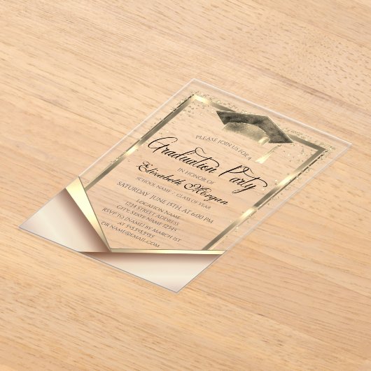 エレガント金ゴールド枠ダイヤモンド卒業 アクリル招待状 (レイダウン)