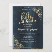 エレガント金ゴールド枠ダークブルー50誕生日 招待状 (正面)