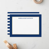 エレガント金ゴールド枠ネイビーブルーストライプの ノートカード (正面/裏面インサイチュ)