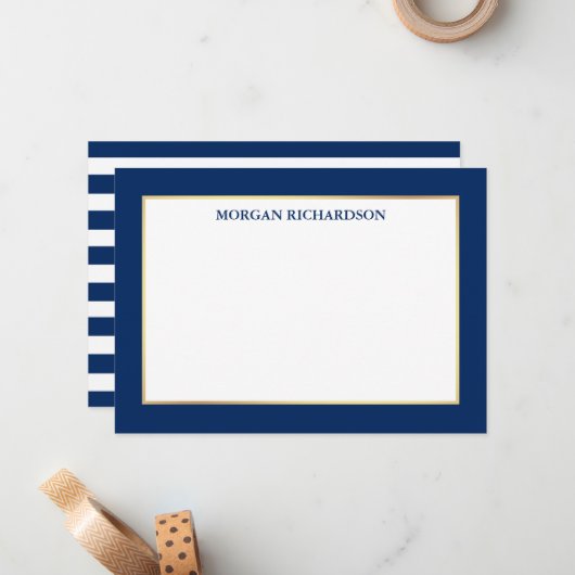 エレガント金ゴールド枠ネイビーブルーストライプの ノートカード (正面/裏面インサイチュ)