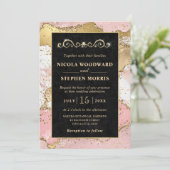 エレガント金ゴールド枠ピンクと黒アゲート結婚ズ 招待状 (スタンド正面)