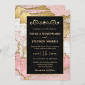 エレガント金ゴールド枠ピンクと黒アゲート結婚ズ 招待状 (正面/裏面)