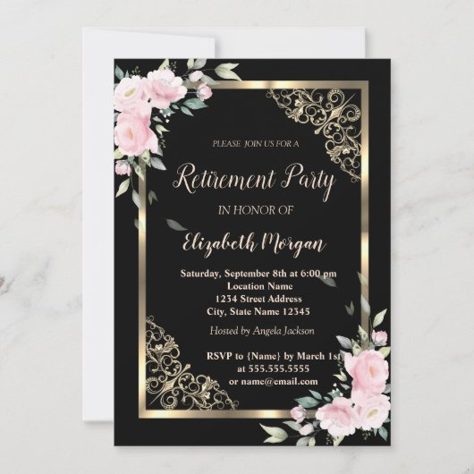 エレガント金ゴールド枠ピンクの花の定年 招待状 (正面)