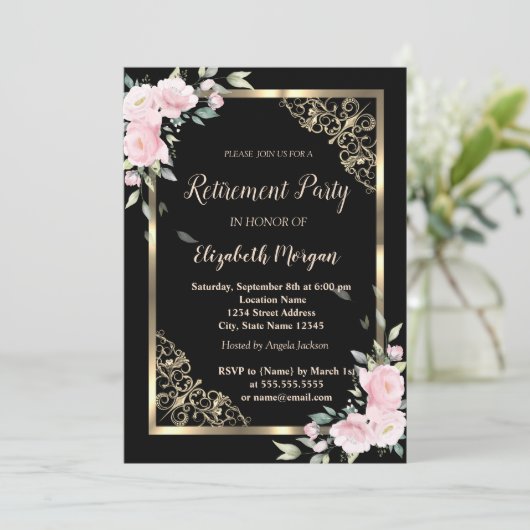 エレガント金ゴールド枠ピンクの花の定年 招待状 (スタンド正面)