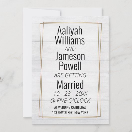 エレガント金ゴールド枠ホワイトウッドタイポグラフィ結婚ズ 招待状 (正面)