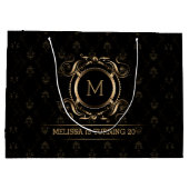 エレガント金ゴールド枠ミディアムギフト付きブラックダマスク ラージペーパーバッグ (裏面)