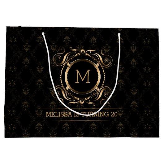 エレガント金ゴールド枠ミディアムギフト付きブラックダマスク ラージペーパーバッグ (裏面)