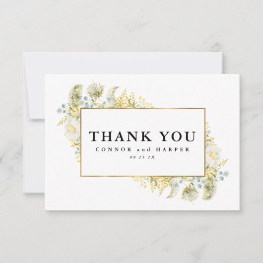 エレガント金ゴールド枠付きワイルドフラワー結婚縁取り サンキューカード (正面)
