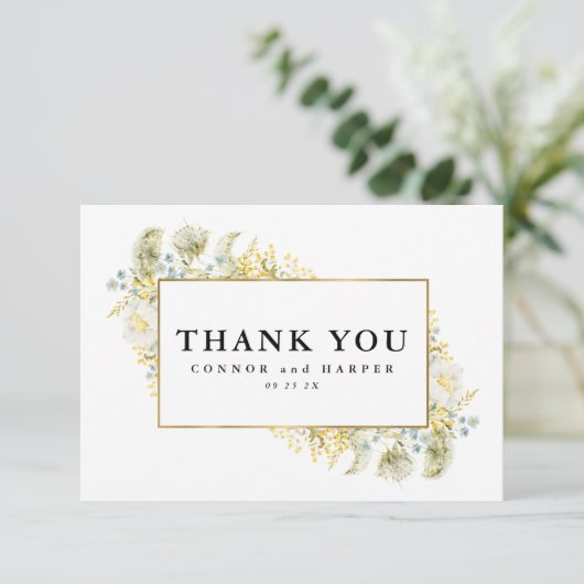 エレガント金ゴールド枠付きワイルドフラワー結婚縁取り サンキューカード (スタンド正面)