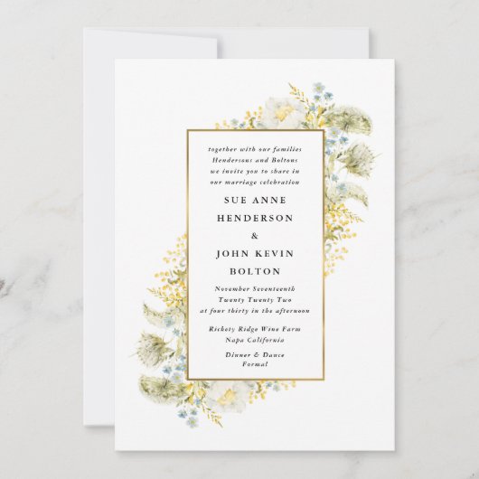 エレガント金ゴールド枠付きワイルドフラワー結婚縁取り 招待状 (正面)