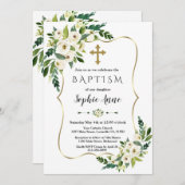 エレガント金ゴールド枠白花洗礼 招待状 (正面/裏面)