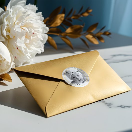 エレガント金ゴールド枠 |ベビーの初めてのクリスマス写真 ラウンドシール