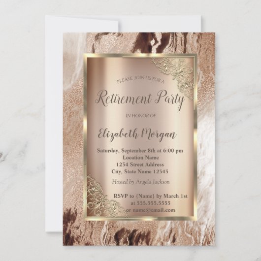 エレガント金ゴールド枠、茶色の大理石退職後 招待状 (正面)