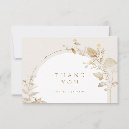 エレガント金ゴールド植物性フローラ結婚アーチ サンキューカード (正面)