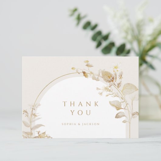 エレガント金ゴールド植物性フローラ結婚アーチ サンキューカード (スタンド正面)