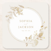 エレガント金ゴールド植物性フローラ結婚リース スクエアペーパーコースター (正面)