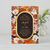 エレガント金ゴールド楕円フレームフローラ結婚真夜中 箔招待状 (立ち正面)