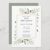 エレガント金ゴールド水彩緑60誕生日 招待状 (正面/裏面)