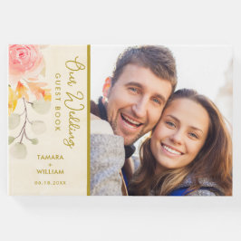 エレガント金ゴールド水色フローラ結婚の写真 ゲストブック