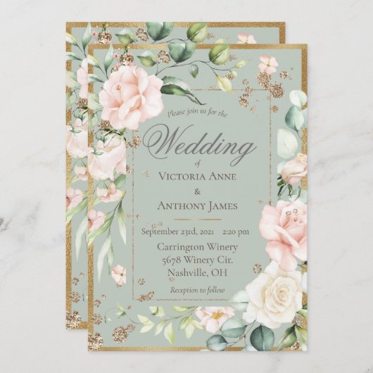 エレガント金ゴールド水色ロマンチックフローラ結婚ズ 招待状 (正面/裏面)