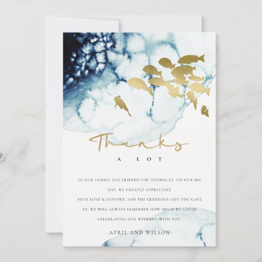 エレガント金ゴールド海軍の水中魚類結婚類 サンキューカード (正面)