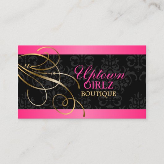 エレガント金ゴールド渦巻き旋回とブラックダマスク 名刺 (正面)