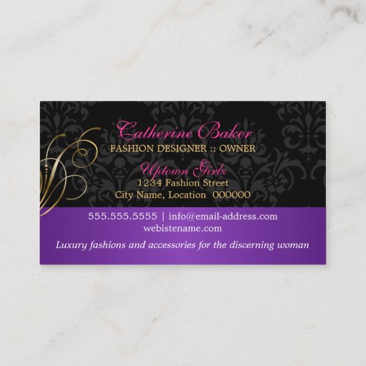 エレガント金ゴールド渦巻き旋回とブラックダマスク 名刺 (裏面)