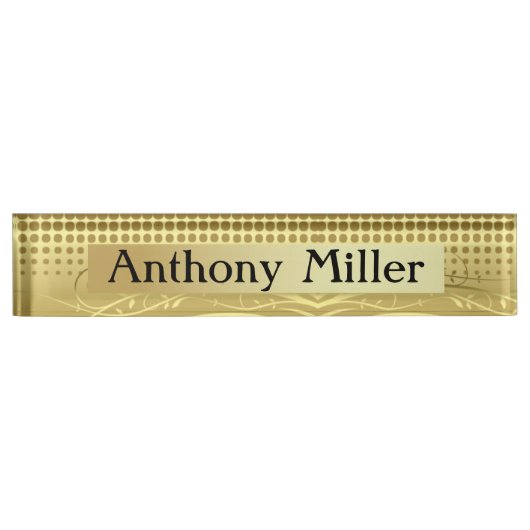 エレガント金ゴールド渦巻き旋回と水玉模様 デスクネームプレート (正面)