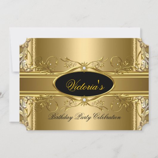 エレガント金ゴールド王室のブラック誕生日パーティフローラ 招待状 (正面)
