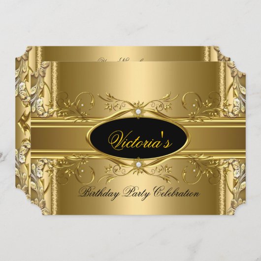 エレガント金ゴールド王室のブラック誕生日パーティフローラ 招待状 (正面/裏面)