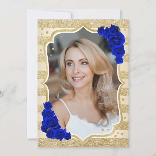 エレガント金ゴールド王室のブルー写真50誕生日 招待状 (裏面)