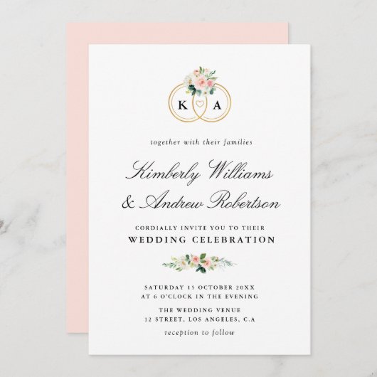 エレガント金ゴールド環赤面ピンク·フローラ結婚ズ 招待状 (正面/裏面)