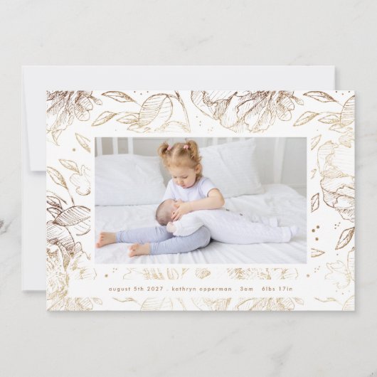 エレガント金ゴールド生まれたばかりのフローラ4フォトベビー誕生 案内状 (正面)
