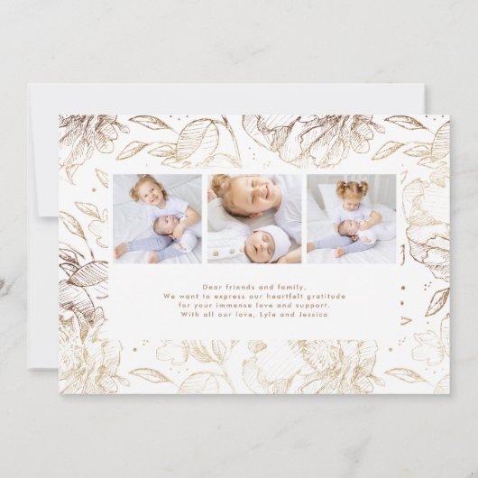 エレガント金ゴールド生まれたばかりのフローラ4フォトベビー誕生 案内状 (裏面)